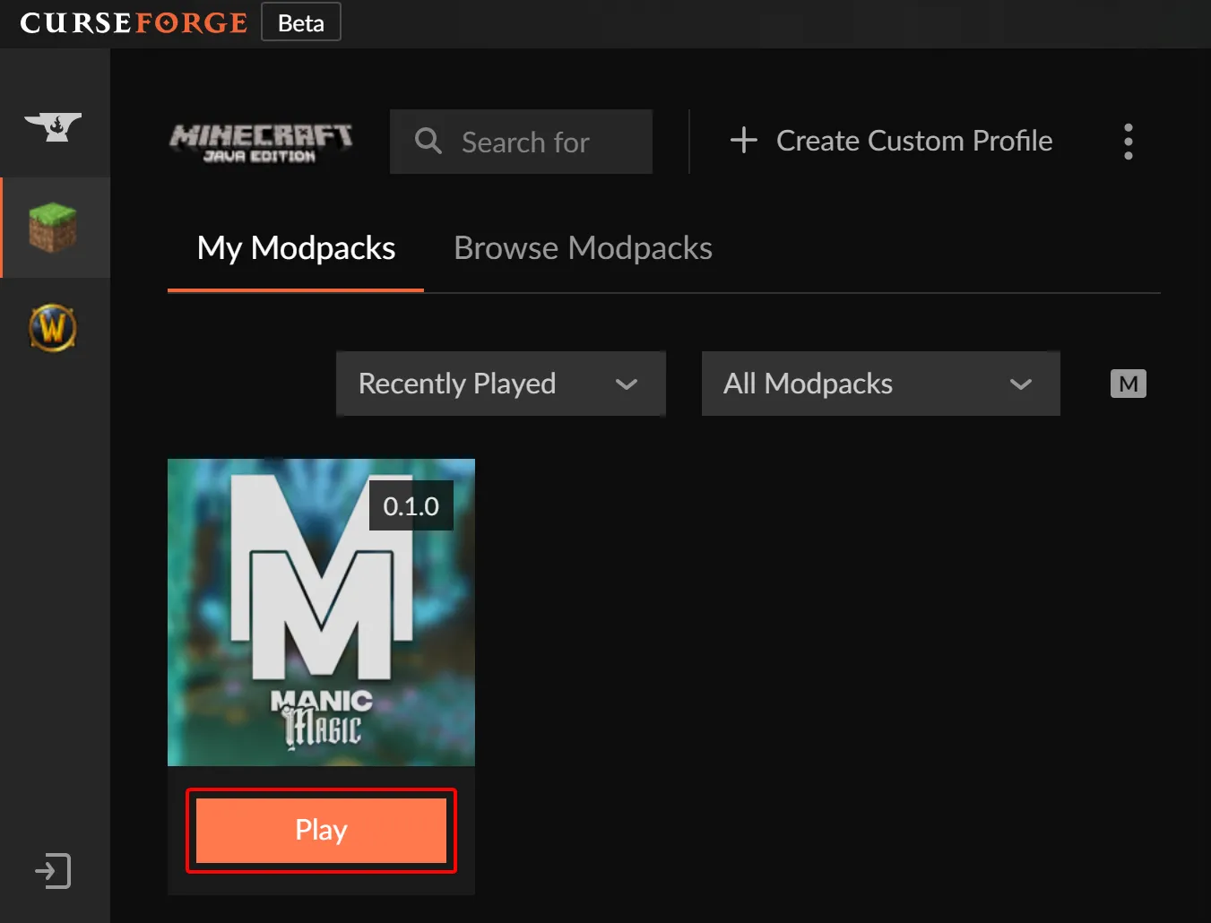 Loading up a modpack with CurseForge.